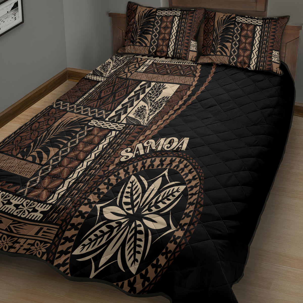 Samoa Siapo Motif Quilt Bed Set Classic Style - Black Ver LT7 - Polynesian Pride
