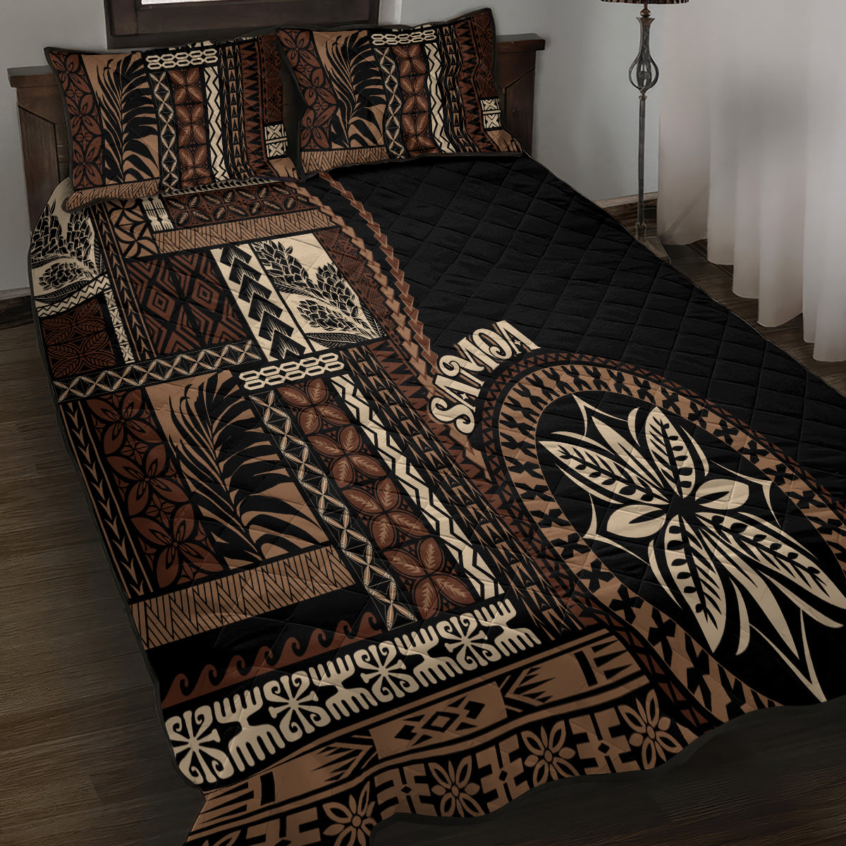Samoa Siapo Motif Quilt Bed Set Classic Style - Black Ver LT7 - Polynesian Pride