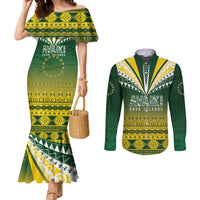 Cook Islands Rugby Custom Couples Matching Mermaid Dress and Long Sleeve Button Shirt Kuki Avaiki LT7 Yellow Green - Polynesian Pride
