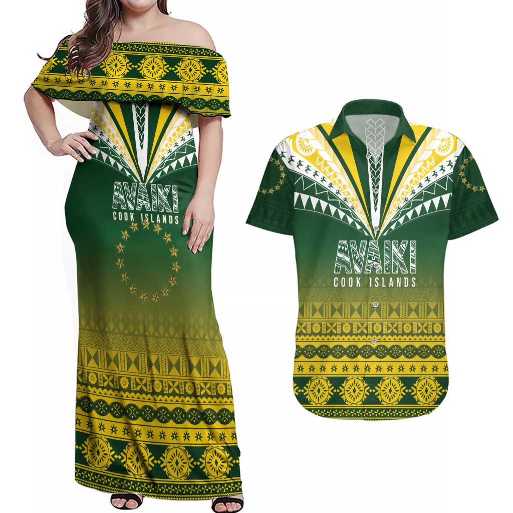 Cook Islands Rugby Custom Couples Matching Off Shoulder Maxi Dress and Hawaiian Shirt Kuki Avaiki LT7 Yellow Green - Polynesian Pride
