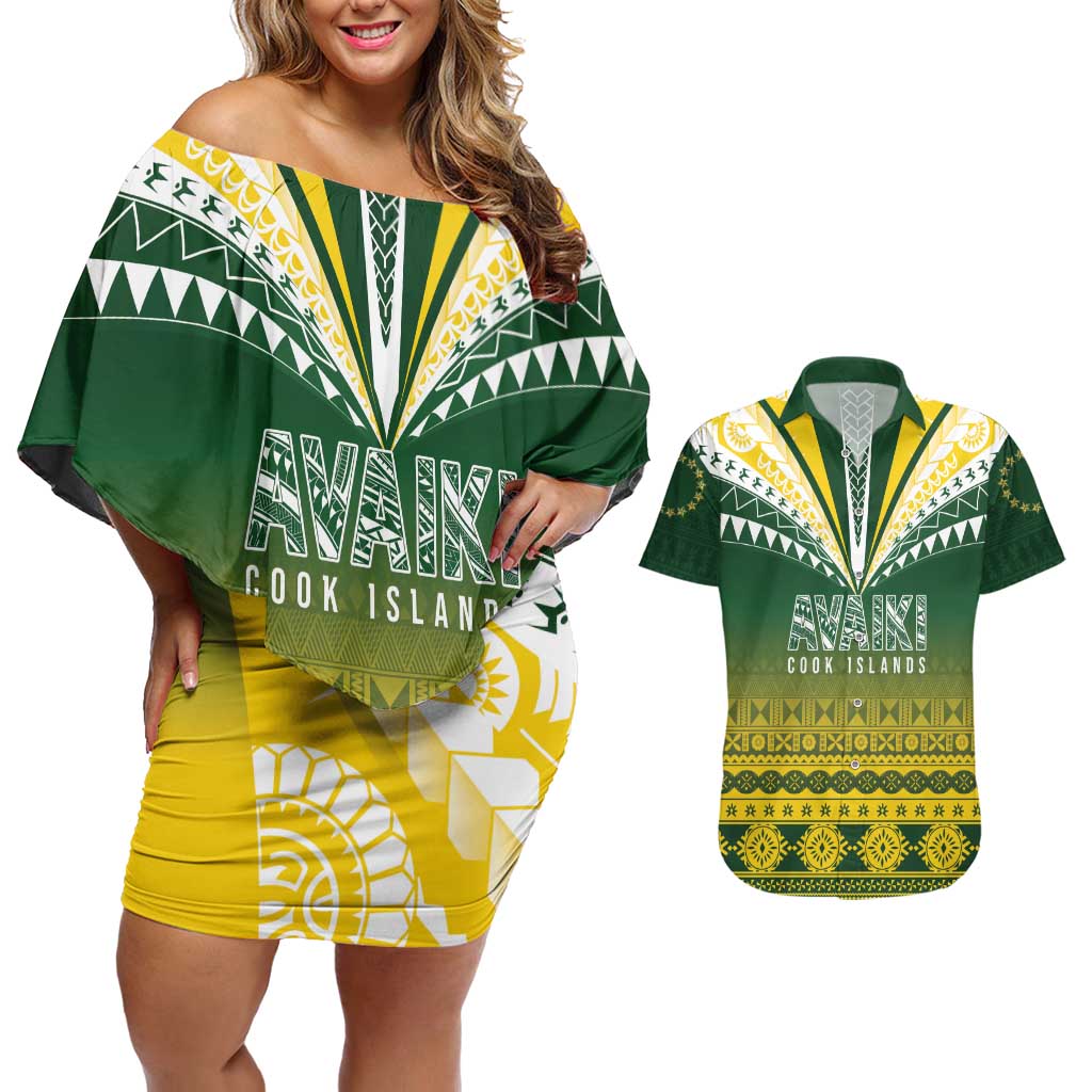 Cook Islands Rugby Custom Couples Matching Off Shoulder Short Dress and Hawaiian Shirt Kuki Avaiki LT7 Yellow Green - Polynesian Pride