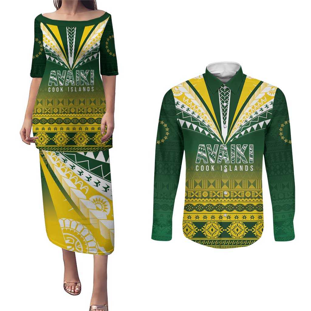 Cook Islands Rugby Custom Couples Matching Puletasi and Long Sleeve Button Shirt Kuki Avaiki - Polynesian Pride