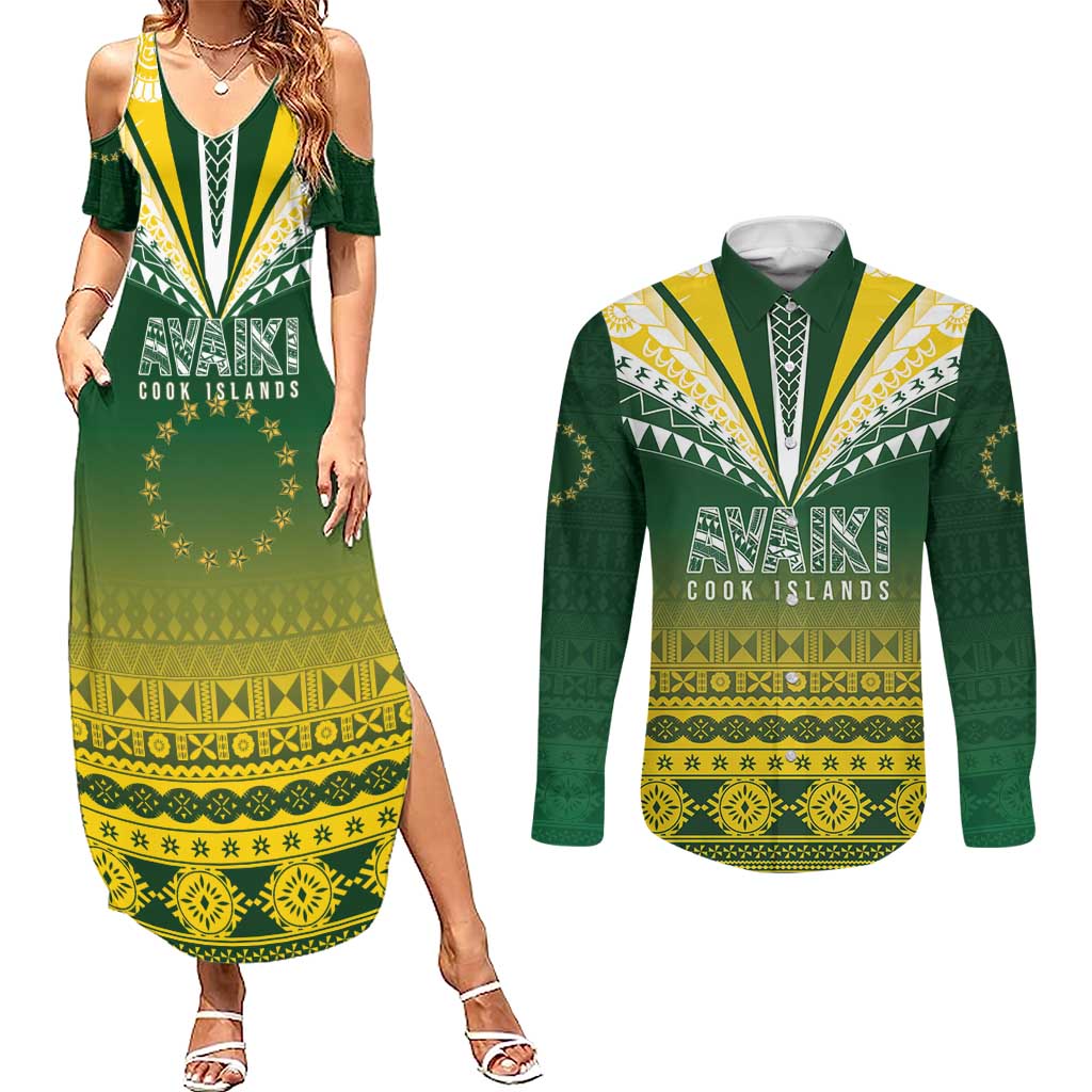 Cook Islands Rugby Custom Couples Matching Summer Maxi Dress and Long Sleeve Button Shirt Kuki Avaiki LT7 Yellow Green - Polynesian Pride