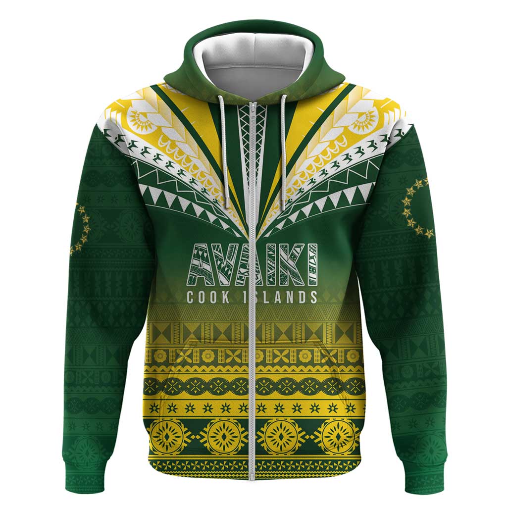 Cook Islands Rugby Custom Hoodie Kuki Avaiki LT7 Zip Hoodie Yellow Green - Polynesian Pride