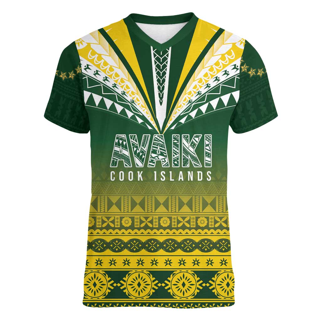 Cook Islands Rugby Custom Women V-Neck T-Shirt Kuki Avaiki LT7 Female Yellow Green - Polynesian Pride