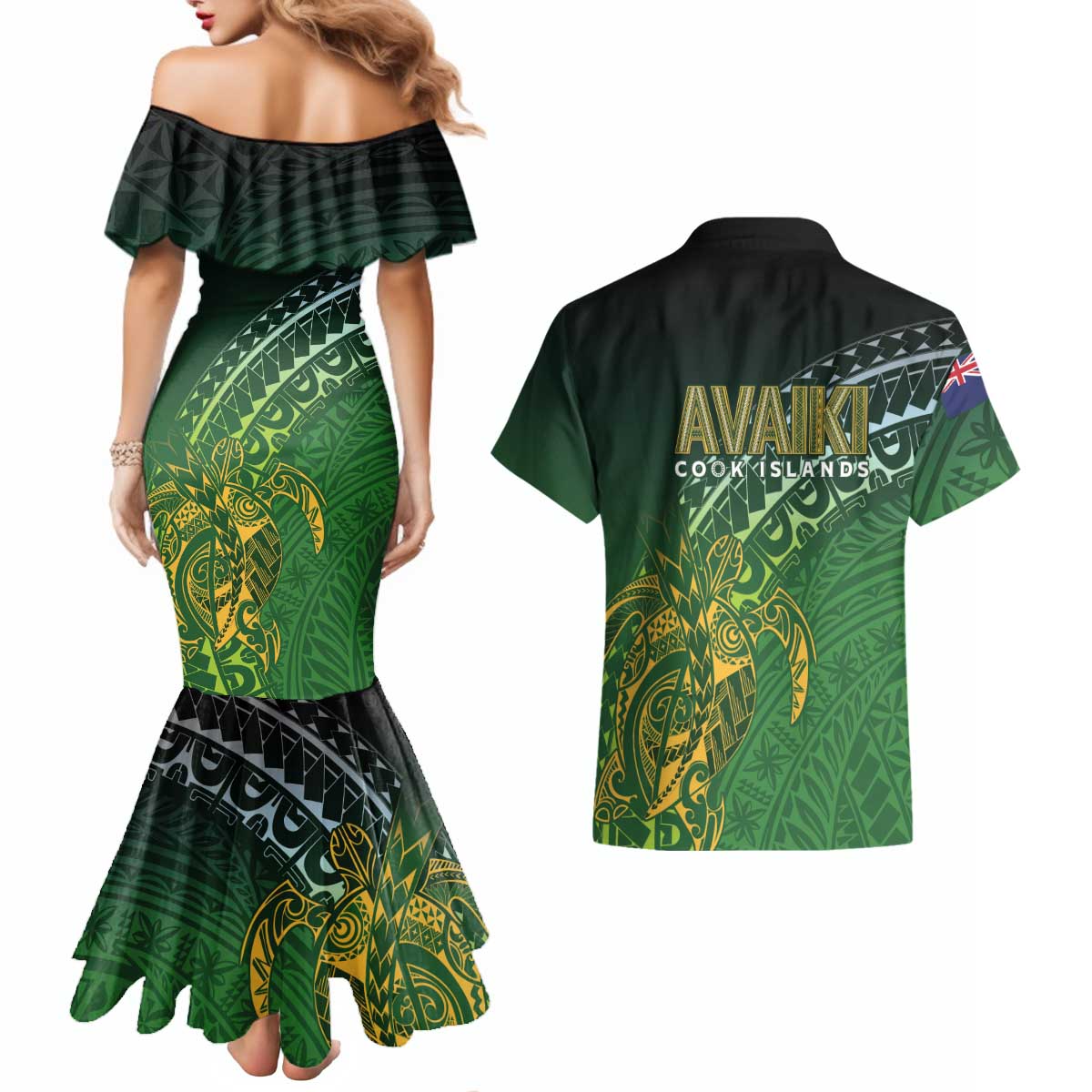 Cook Islands Rugby Kuki Avaiki Couples Matching Mermaid Dress and Hawaiian Shirt Tribal Turtle LT7 - Polynesian Pride