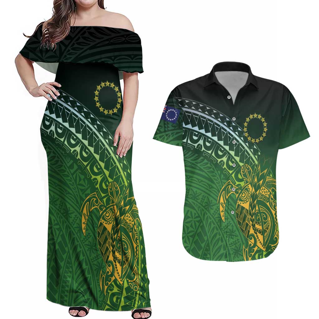 Cook Islands Rugby Kuki Avaiki Couples Matching Off Shoulder Maxi Dress and Hawaiian Shirt Tribal Turtle LT7 Dark Green - Polynesian Pride
