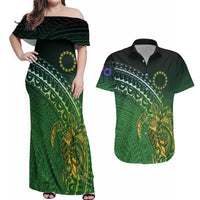 Cook Islands Rugby Kuki Avaiki Couples Matching Off Shoulder Maxi Dress and Hawaiian Shirt Tribal Turtle LT7 Dark Green - Polynesian Pride