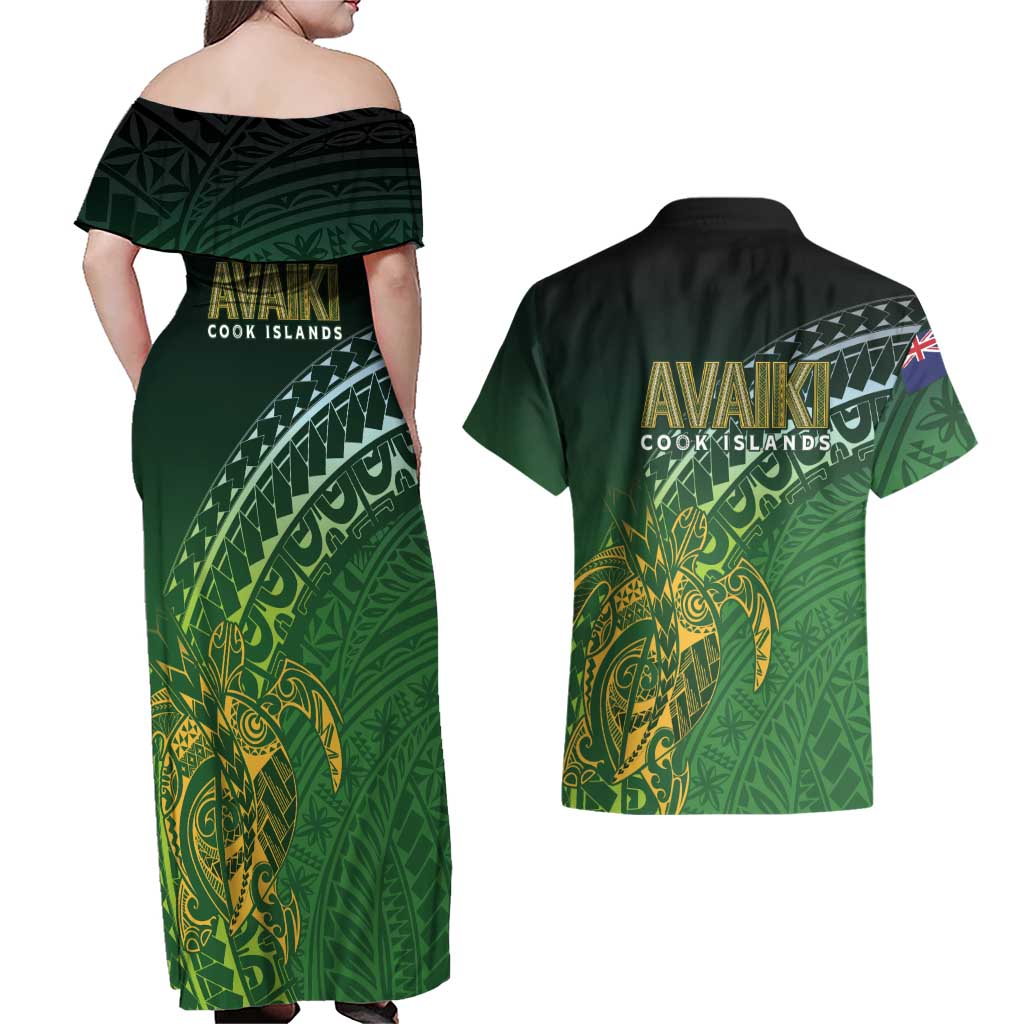Cook Islands Rugby Kuki Avaiki Couples Matching Off Shoulder Maxi Dress and Hawaiian Shirt Tribal Turtle LT7 - Polynesian Pride
