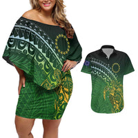 Cook Islands Rugby Kuki Avaiki Couples Matching Off Shoulder Short Dress and Hawaiian Shirt Tribal Turtle LT7 Dark Green - Polynesian Pride