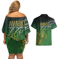 Cook Islands Rugby Kuki Avaiki Couples Matching Off Shoulder Short Dress and Hawaiian Shirt Tribal Turtle LT7 - Polynesian Pride