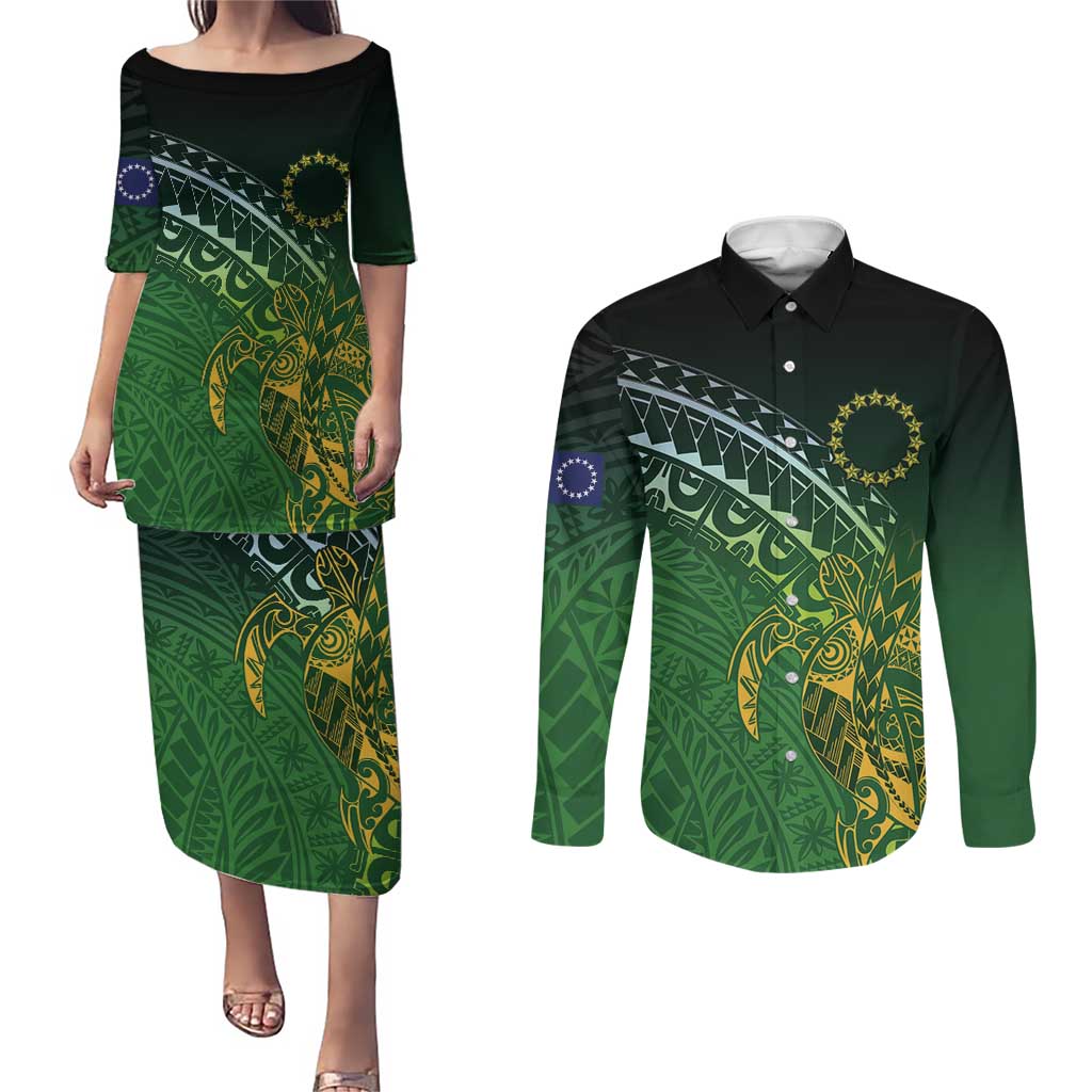 Cook Islands Rugby Kuki Avaiki Couples Matching Puletasi and Long Sleeve Button Shirt Tribal Turtle - Polynesian Pride