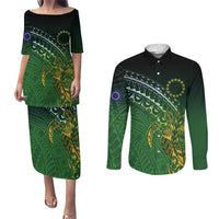 Cook Islands Rugby Kuki Avaiki Couples Matching Puletasi and Long Sleeve Button Shirt Tribal Turtle - Polynesian Pride