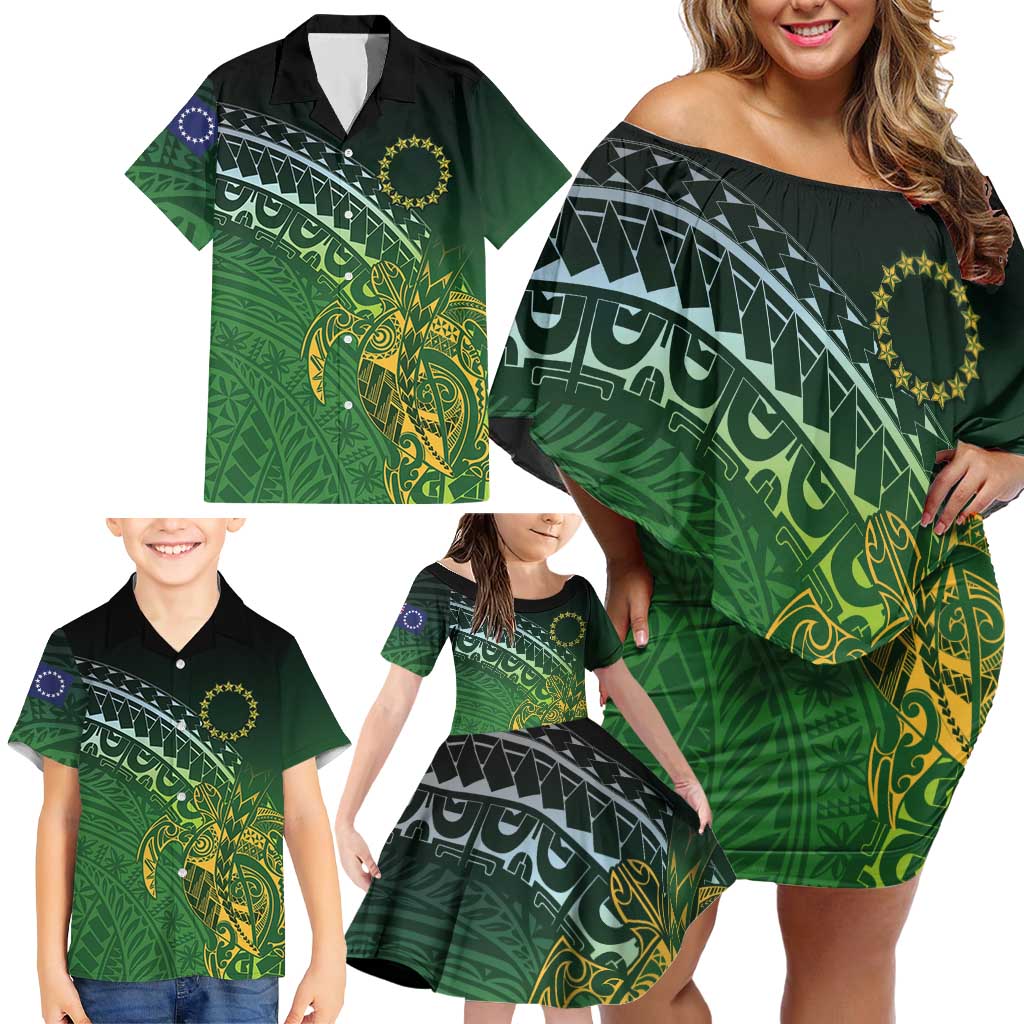 Cook Islands Rugby Kuki Avaiki Family Matching Off Shoulder Short Dress and Hawaiian Shirt Tribal Turtle - Polynesian Pride