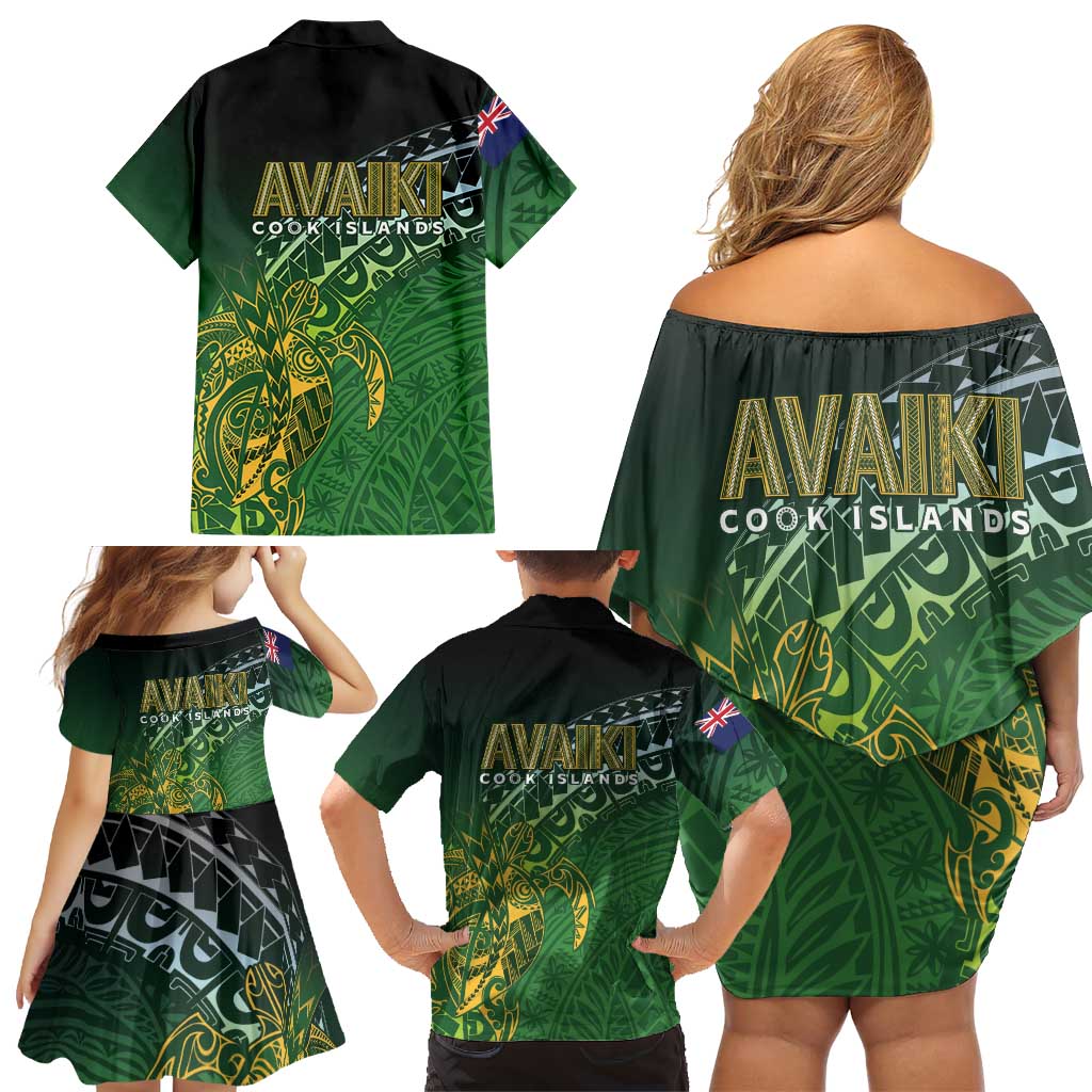 Cook Islands Rugby Kuki Avaiki Family Matching Off Shoulder Short Dress and Hawaiian Shirt Tribal Turtle - Polynesian Pride
