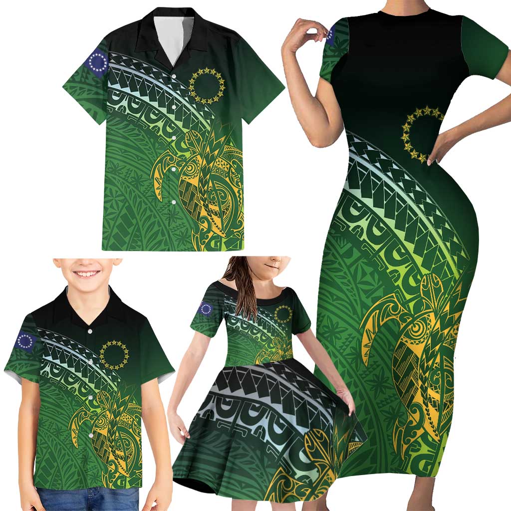 Cook Islands Rugby Kuki Avaiki Family Matching Short Sleeve Bodycon Dress and Hawaiian Shirt Tribal Turtle - Polynesian Pride