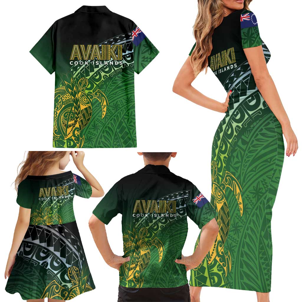 Cook Islands Rugby Kuki Avaiki Family Matching Short Sleeve Bodycon Dress and Hawaiian Shirt Tribal Turtle - Polynesian Pride