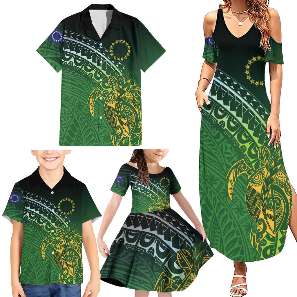 Cook Islands Rugby Kuki Avaiki Family Matching Summer Maxi Dress and Hawaiian Shirt Tribal Turtle - Polynesian Pride