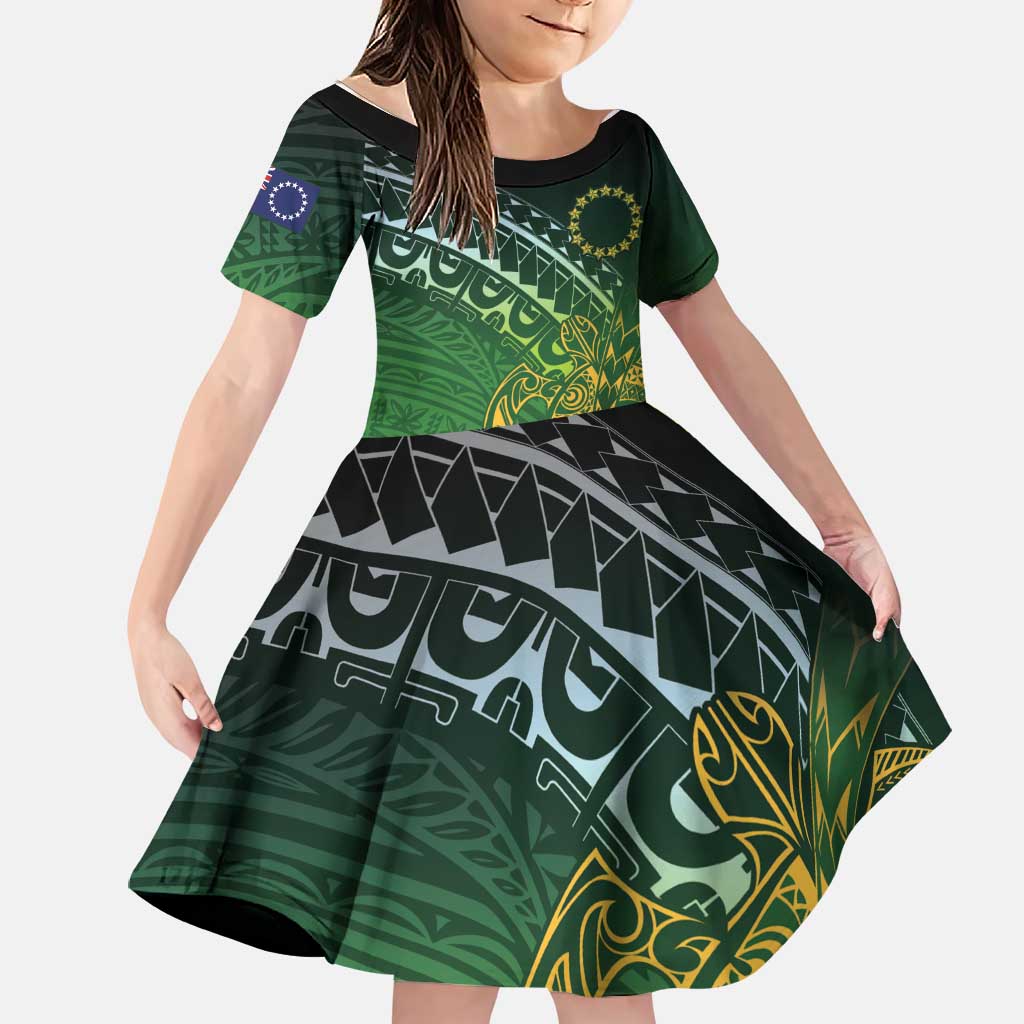 Cook Islands Rugby Kuki Avaiki Family Matching Tank Maxi Dress and Hawaiian Shirt Tribal Turtle LT7 Daughter's Dress Dark Green - Polynesian Pride
