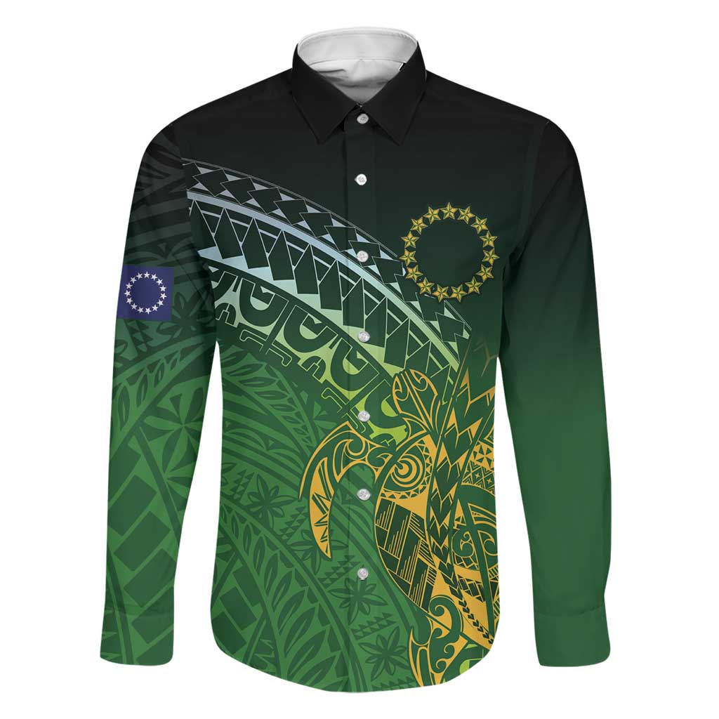 Cook Islands Rugby Kuki Avaiki Family Matching Tank Maxi Dress and Hawaiian Shirt Tribal Turtle LT7 Dad's Shirt - Long Sleeve Dark Green - Polynesian Pride