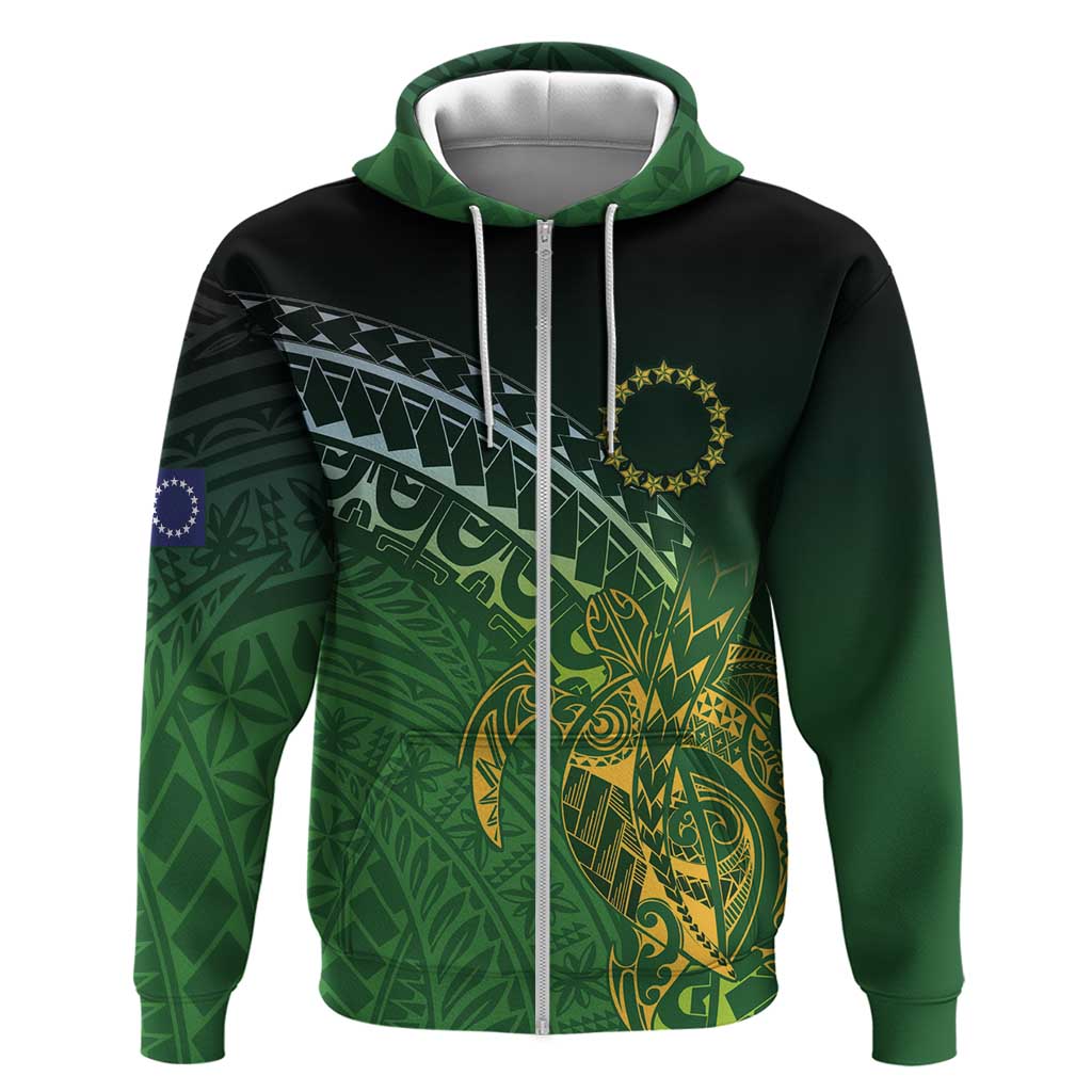 Cook Islands Rugby Kuki Avaiki Hoodie Tribal Turtle LT7 Zip Hoodie Dark Green - Polynesian Pride