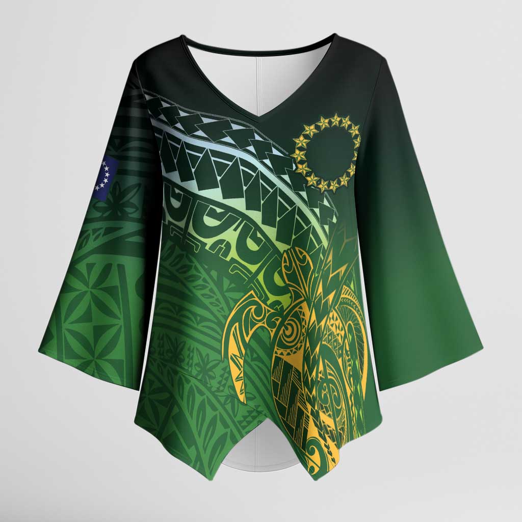 Cook Islands Rugby Kuki Avaiki Kimono Sleeve Blouse Tribal Turtle LT7 Female Dark Green - Polynesian Pride