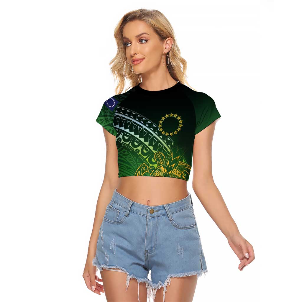 Cook Islands Rugby Kuki Avaiki Raglan Cropped T Shirt Tribal Turtle LT7 Female Dark Green - Polynesian Pride