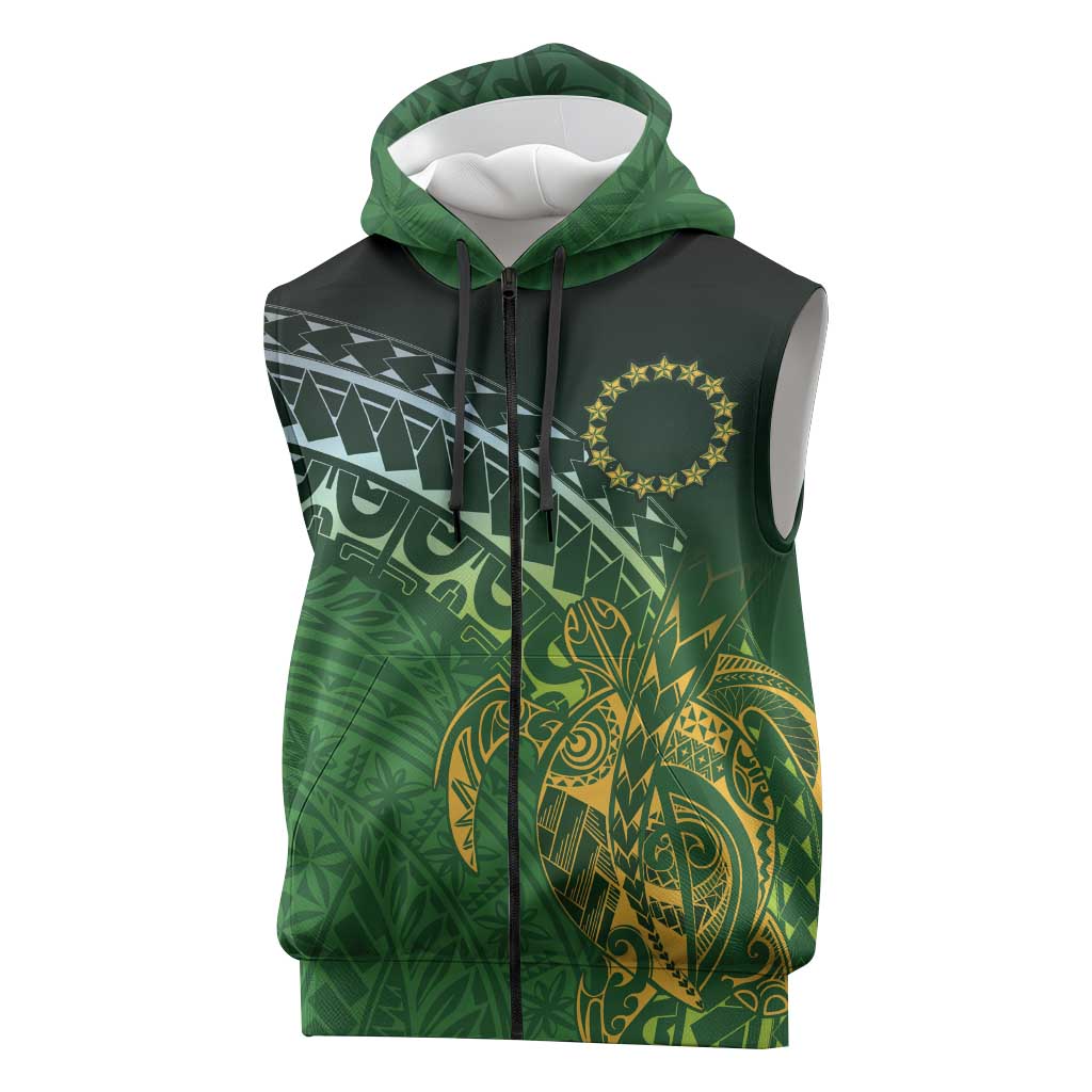Cook Islands Rugby Kuki Avaiki Sleeveless Zip Hoodie Tribal Turtle LT7 Dark Green - Polynesian Pride