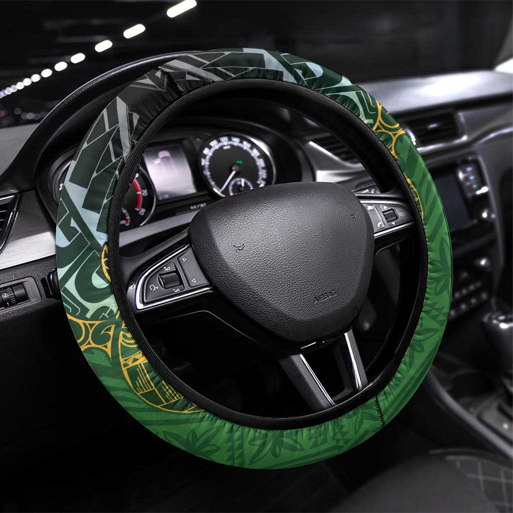 Cook Islands Rugby Kuki Avaiki Steering Wheel Cover Tribal Turtle LT7 Universal Fit Dark Green - Polynesian Pride