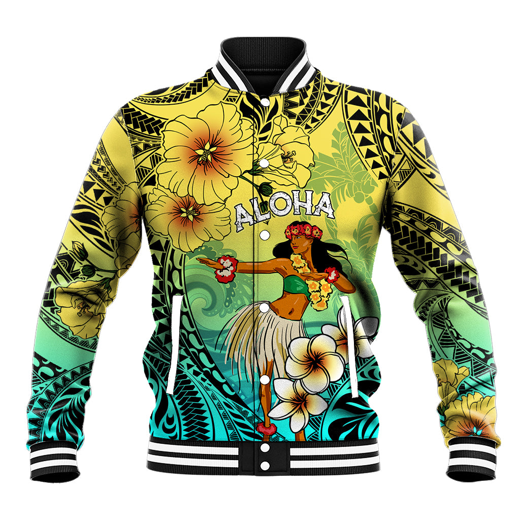 Honolulu Hawaii Baseball Jacket Ilima Plumeria with Hula Girl LT7 Unisex Colorful - Polynesian Pride