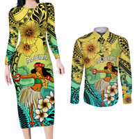 Honolulu Hawaii Couples Matching Long Sleeve Bodycon Dress and Long Sleeve Button Shirt Ilima Plumeria with Hula Girl LT7 Colorful - Polynesian Pride