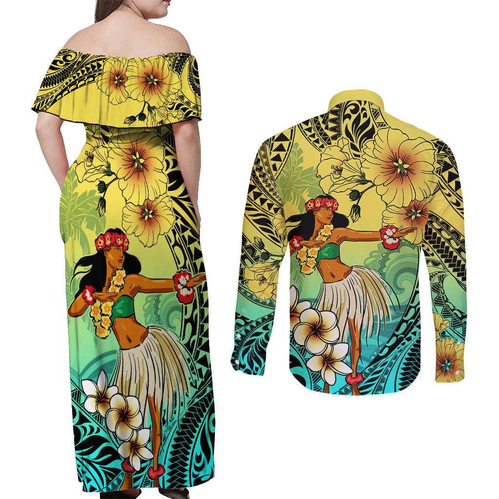 Honolulu Hawaii Couples Matching Off Shoulder Maxi Dress and Long Sleeve Button Shirt Ilima Plumeria with Hula Girl LT7 - Polynesian Pride