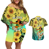 Honolulu Hawaii Couples Matching Off Shoulder Short Dress and Hawaiian Shirt Ilima Plumeria with Hula Girl LT7 Colorful - Polynesian Pride