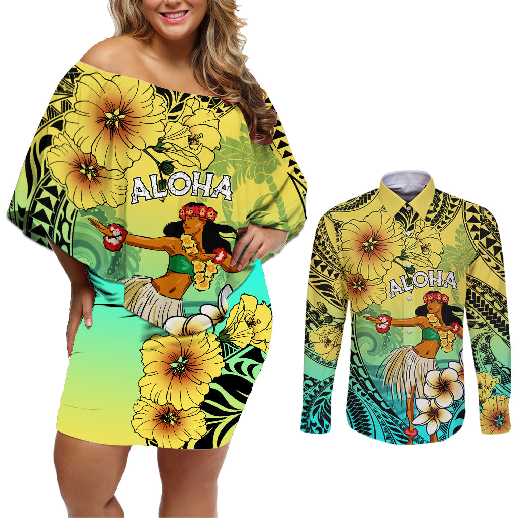 Honolulu Hawaii Couples Matching Off Shoulder Short Dress and Long Sleeve Button Shirt Ilima Plumeria with Hula Girl LT7 Colorful - Polynesian Pride