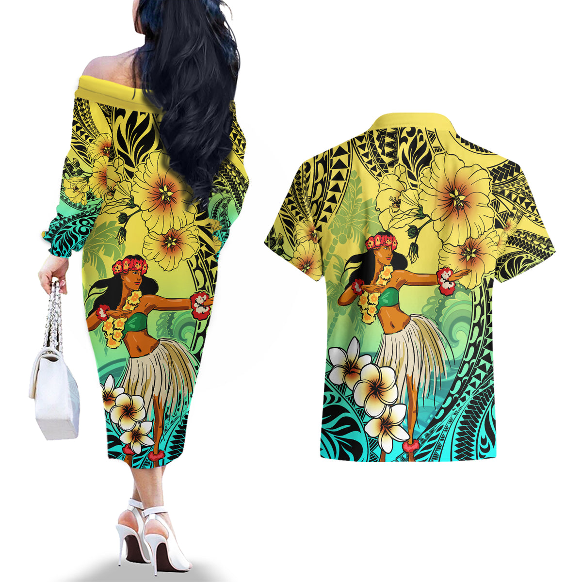Honolulu Hawaii Couples Matching Off The Shoulder Long Sleeve Dress and Hawaiian Shirt Ilima Plumeria with Hula Girl LT7 - Polynesian Pride