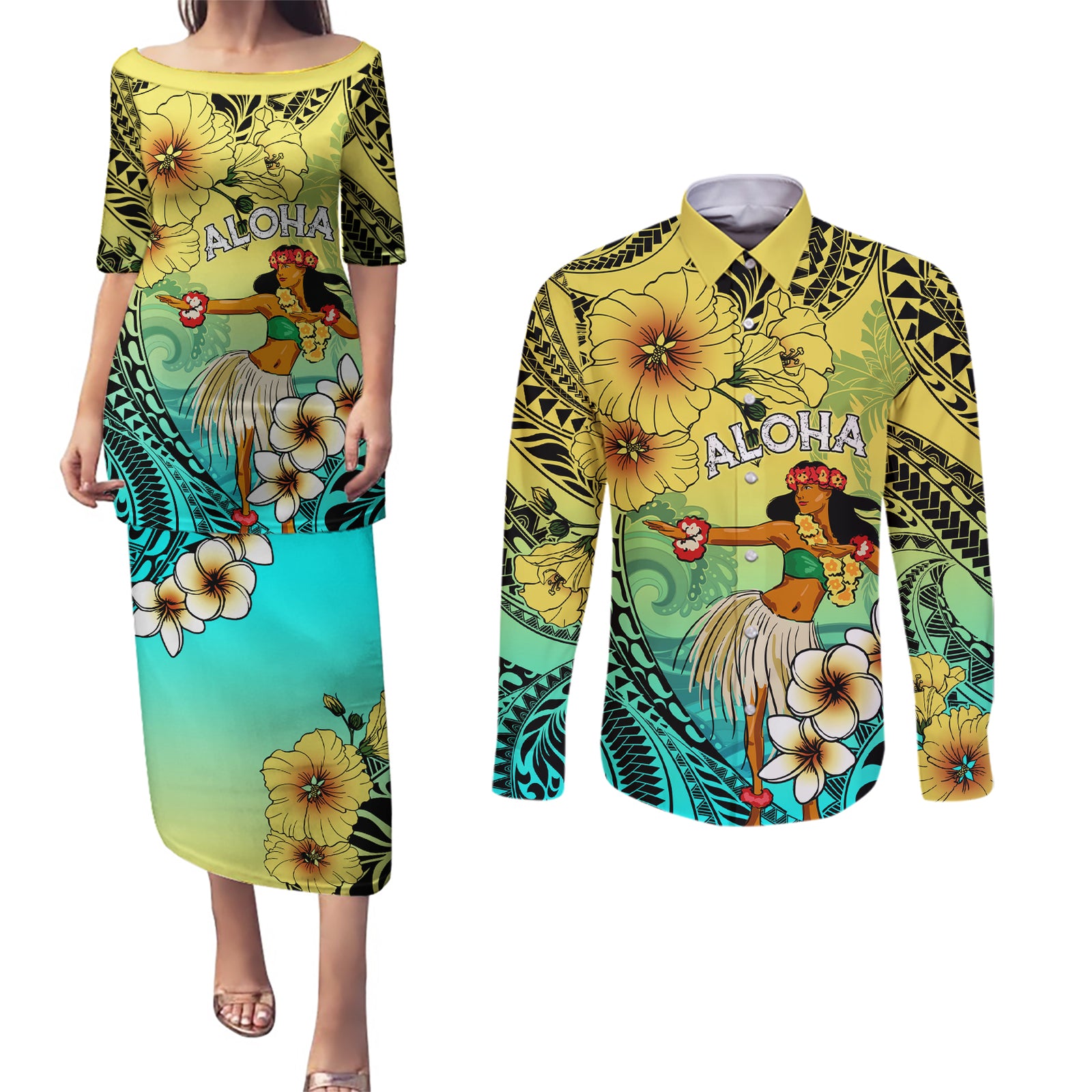 Honolulu Hawaii Couples Matching Puletasi and Long Sleeve Button Shirt Ilima Plumeria with Hula Girl LT7 Colorful - Polynesian Pride