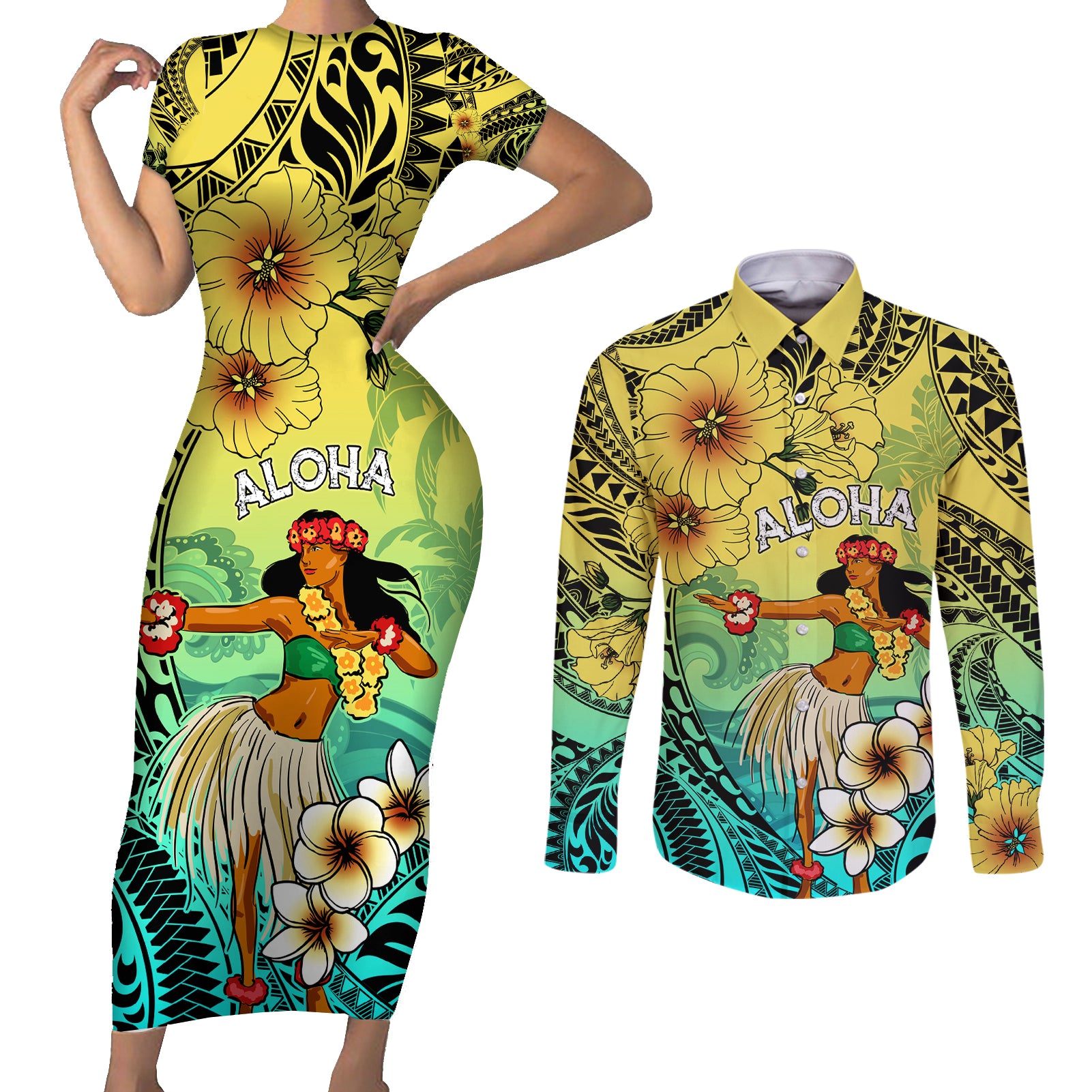 Honolulu Hawaii Couples Matching Short Sleeve Bodycon Dress and Long Sleeve Button Shirt Ilima Plumeria with Hula Girl LT7 Colorful - Polynesian Pride