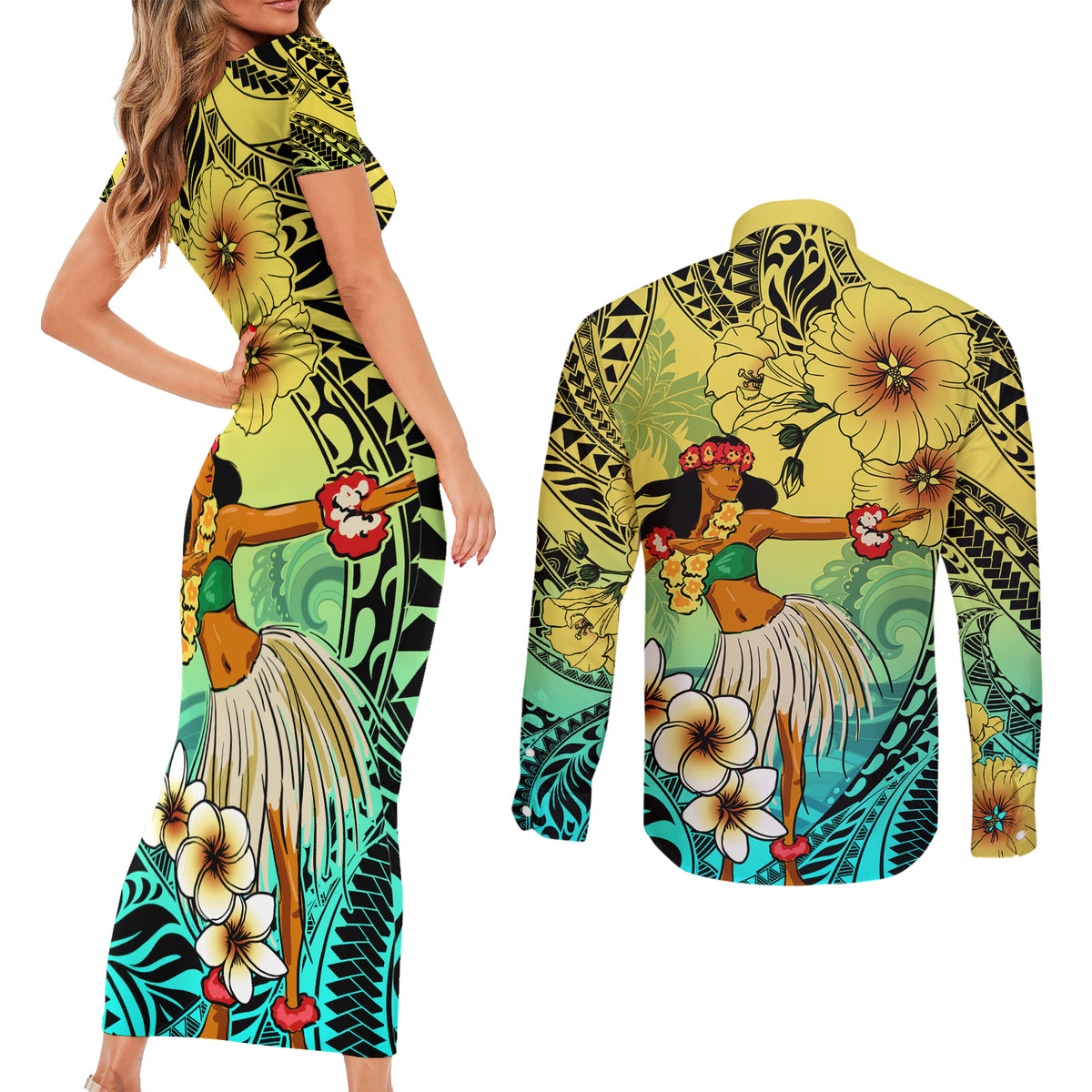 Honolulu Hawaii Couples Matching Short Sleeve Bodycon Dress and Long Sleeve Button Shirt Ilima Plumeria with Hula Girl LT7 - Polynesian Pride