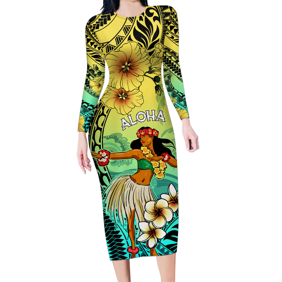 Honolulu Hawaii Family Matching Long Sleeve Bodycon Dress and Hawaiian Shirt Ilima Plumeria with Hula Girl LT7 Mom's Dress Colorful - Polynesian Pride