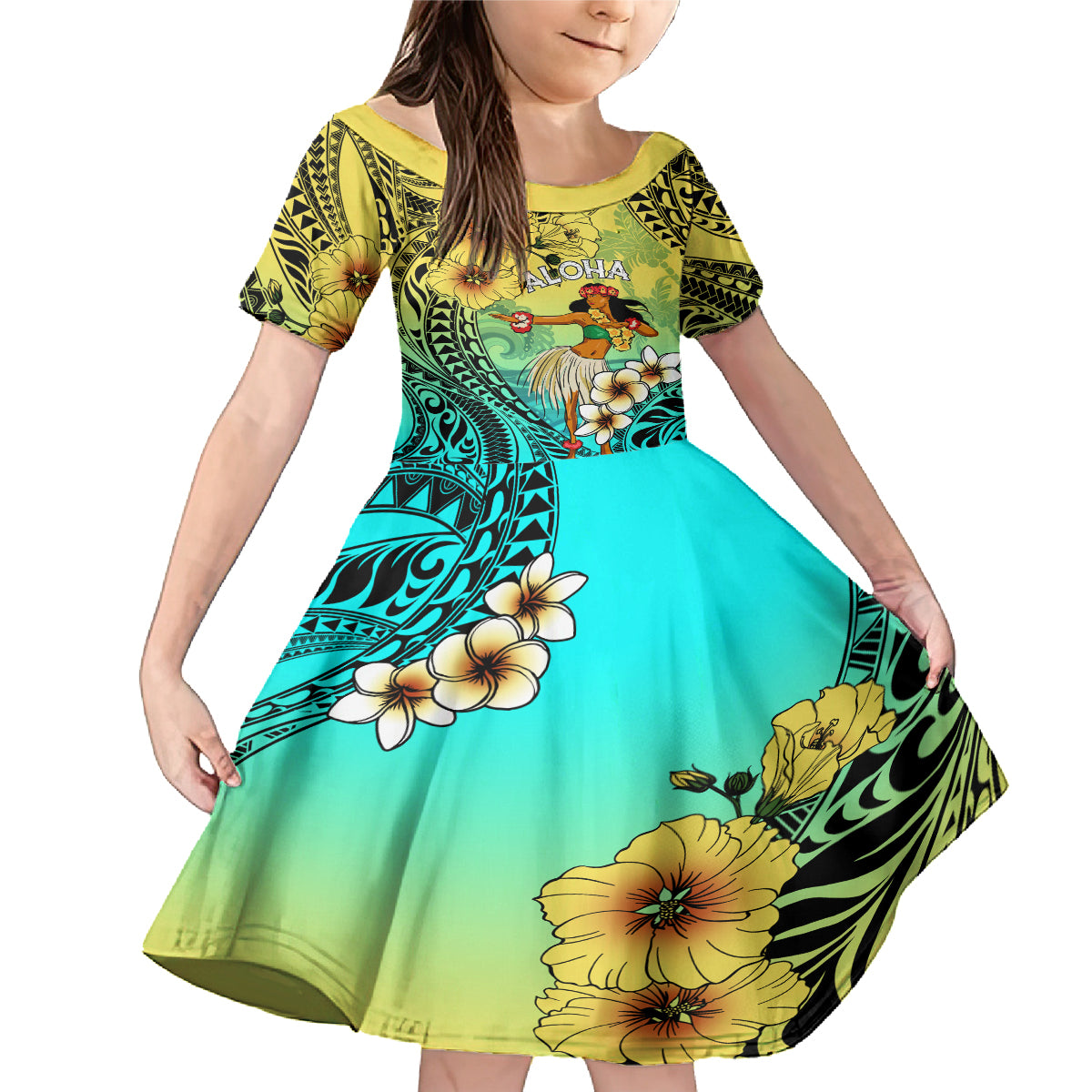 Honolulu Hawaii Family Matching Mermaid Dress and Hawaiian Shirt Ilima Plumeria with Hula Girl LT7 Daughter's Dress Colorful - Polynesian Pride