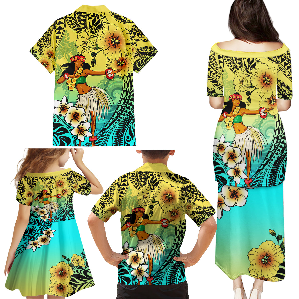 Honolulu Hawaii Family Matching Puletasi and Hawaiian Shirt Ilima Plumeria with Hula Girl LT7 - Polynesian Pride