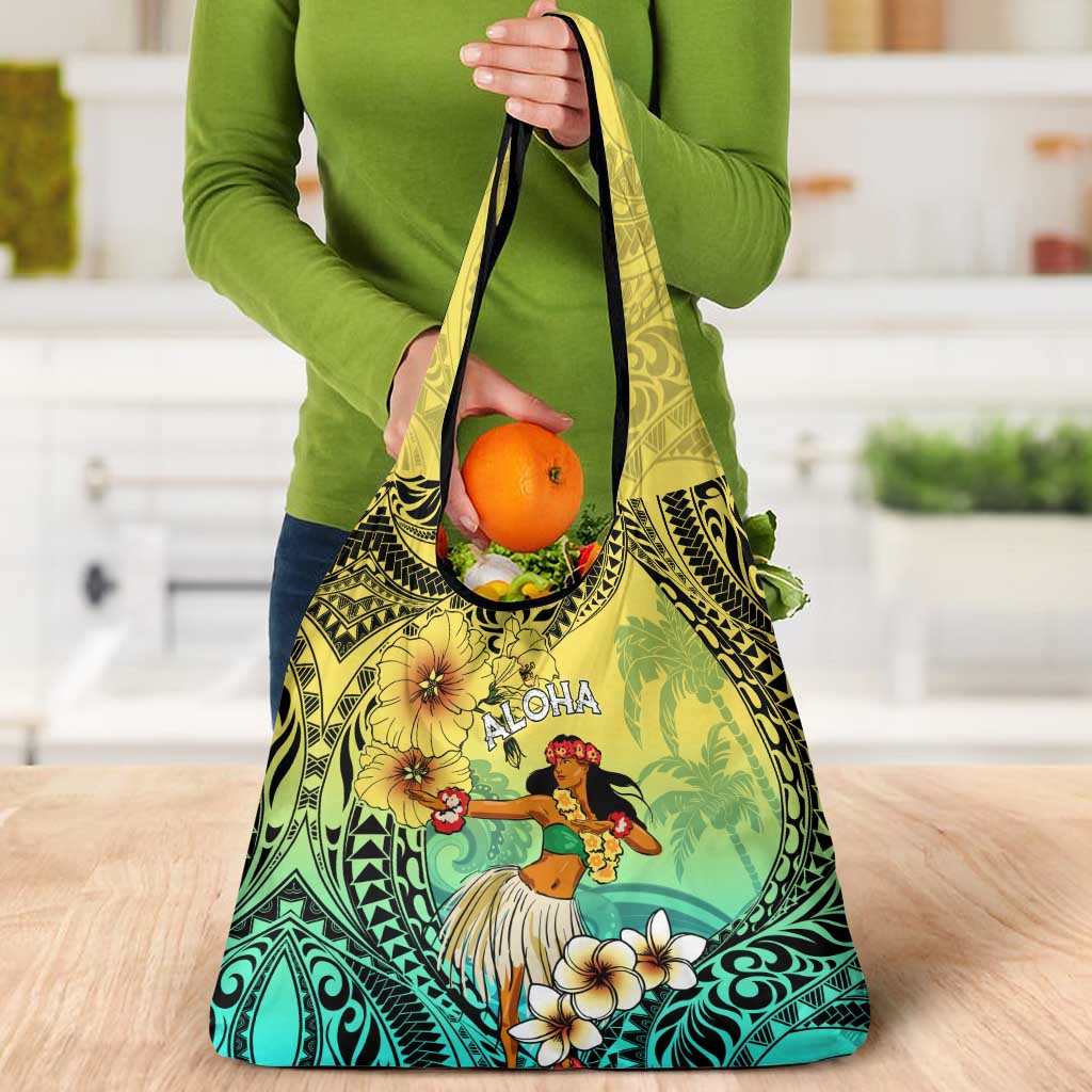 Honolulu Hawaii Grocery Bag Ilima Plumeria with Hula Girl