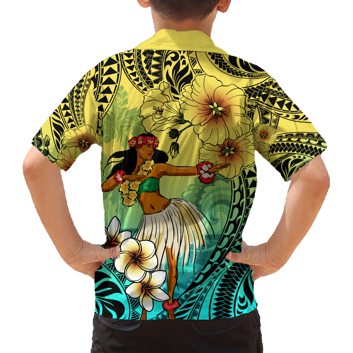 Honolulu Hawaii Kid Hawaiian Shirt Ilima Plumeria with Hula Girl LT7 - Polynesian Pride