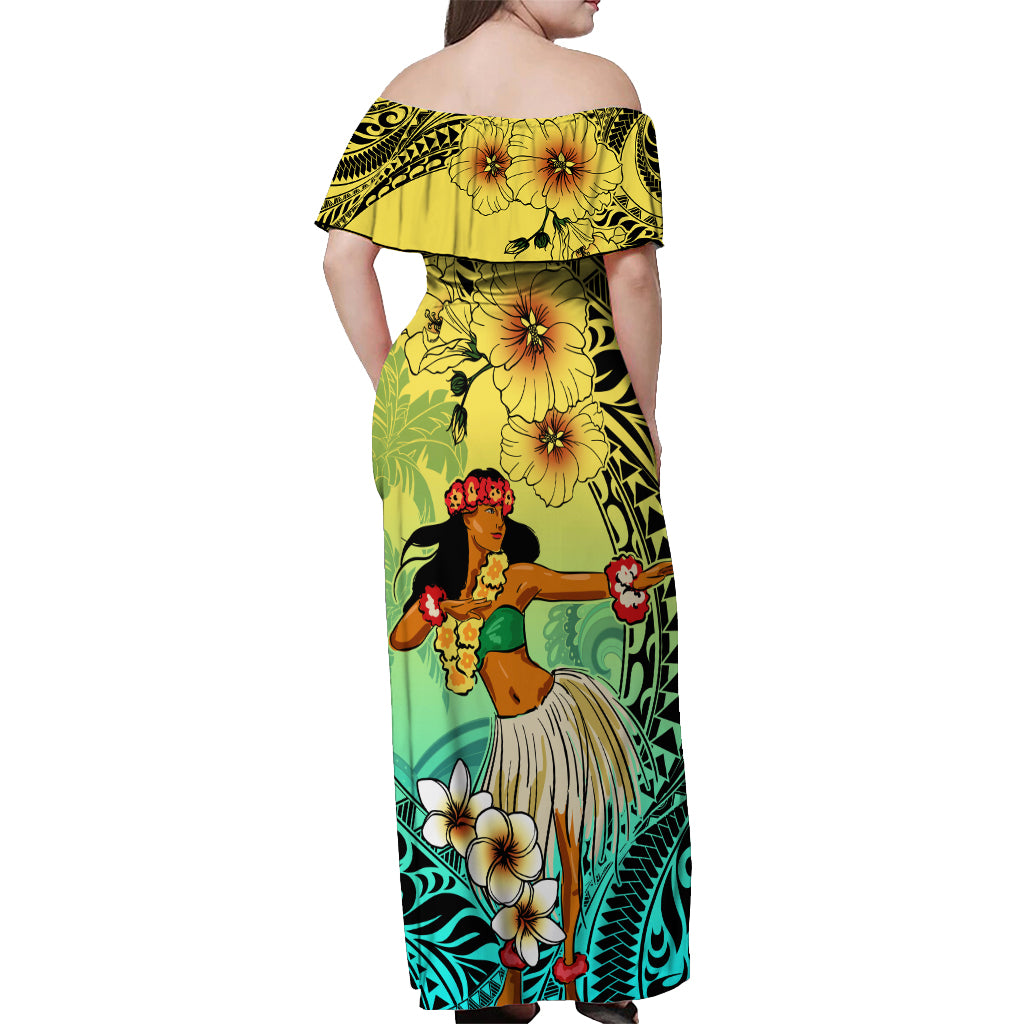 Honolulu Hawaii Off Shoulder Maxi Dress Ilima Plumeria with Hula Girl LT7 - Polynesian Pride