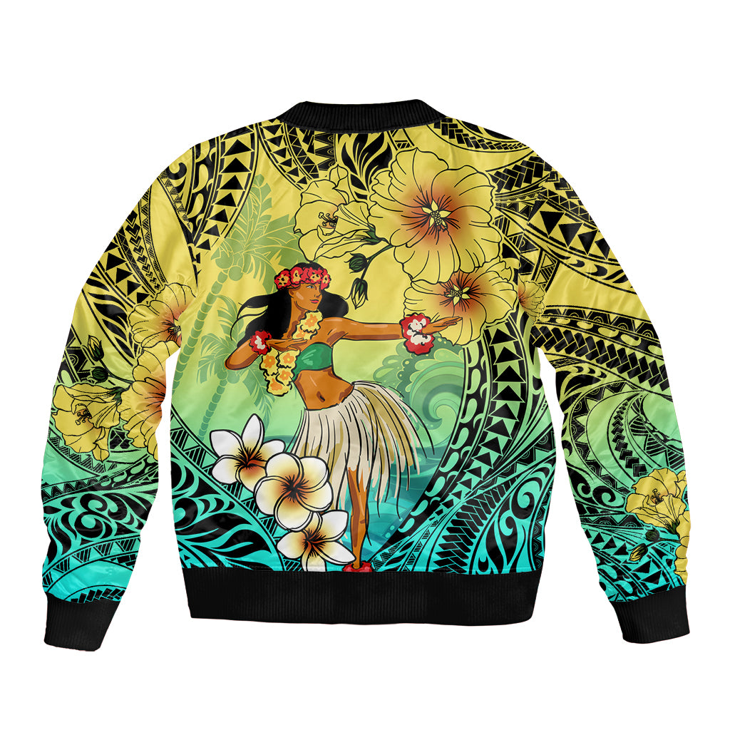Honolulu Hawaii Sleeve Zip Bomber Jacket Ilima Plumeria with Hula Girl LT7 - Polynesian Pride