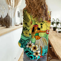 Honolulu Hawaii Women Casual Shirt Ilima Plumeria with Hula Girl LT7 - Polynesian Pride