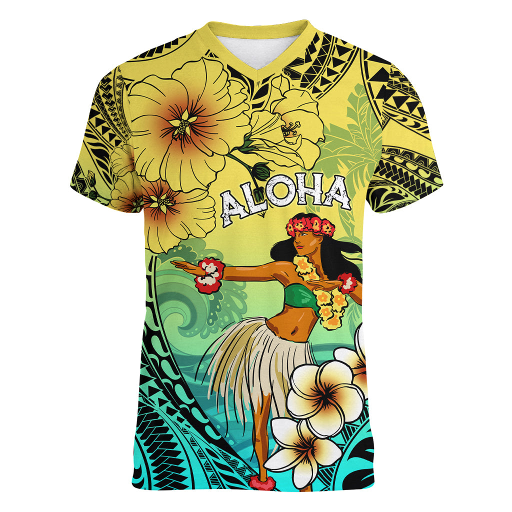 Honolulu Hawaii Women V Neck T Shirt Ilima Plumeria with Hula Girl LT7 Female Colorful - Polynesian Pride