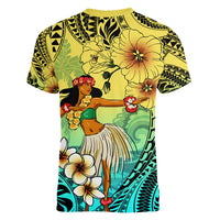 Honolulu Hawaii Women V Neck T Shirt Ilima Plumeria with Hula Girl LT7 - Polynesian Pride