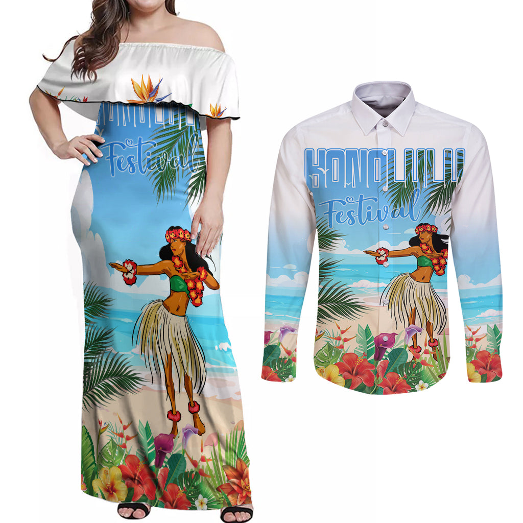 Personalised Hawaii Hula Girl Couples Matching Off Shoulder Maxi Dress and Long Sleeve Button Shirt Honolulu Festival LT7 Art - Polynesian Pride