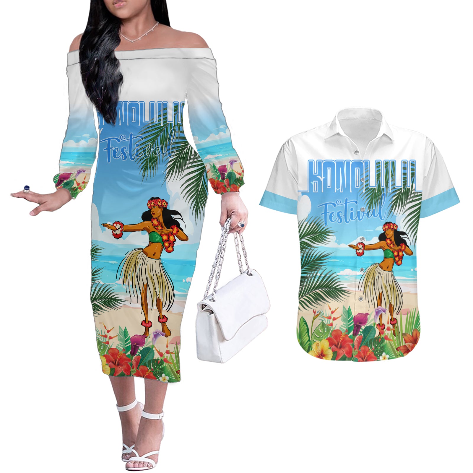Personalised Hawaii Hula Girl Couples Matching Off The Shoulder Long Sleeve Dress and Hawaiian Shirt Honolulu Festival LT7 Art - Polynesian Pride